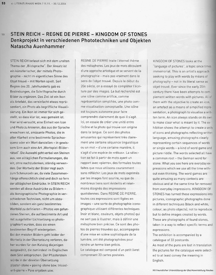 "STEIN REICH" Denkprojekt Katalogtext